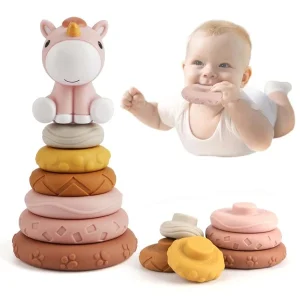 7 Pcs Stacking & Nesting Baby Toys, Squeeze Teething Baby Toys and Building Circle with Pink Horse Figure, Early Educational for 6 12 18 Months Baby Toddler Boys Girls Pink