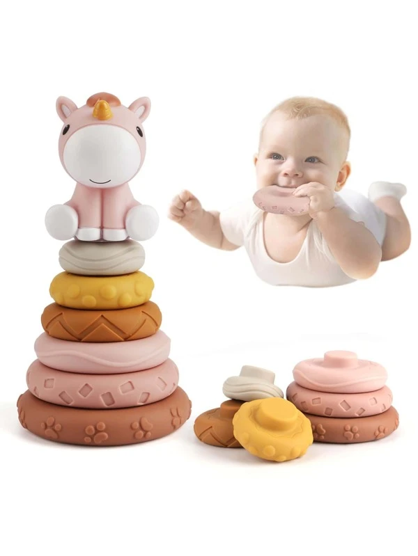 7 Pcs Stacking & Nesting Baby Toys, Squeeze Teething Baby Toys and Building Circle with Pink Horse Figure, Early Educational for 6 12 18 Months Baby Toddler Boys Girls Pink