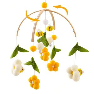 Baby Nursery Mobile for Boys Girls Boho Bee Flower Nursery Decor Soothe Toy Baby Shower Set for Infant Bedroom Hanging Decoration (Bee) Apricot