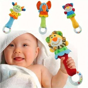 0-3 Year Old Handheld Animal Cartoon Image Baby Rattle Toy With Sound Effect For Soothing And Entertainment Multicolor