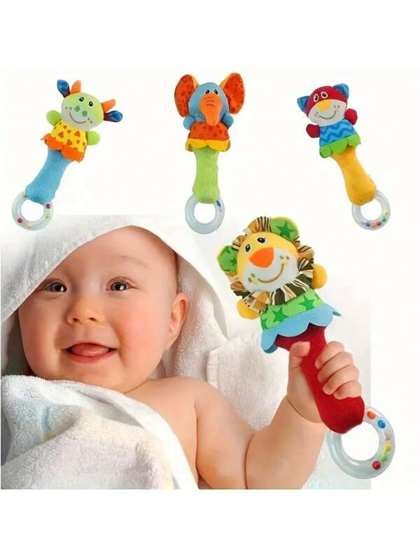 0-3 Year Old Handheld Animal Cartoon Image Baby Rattle Toy With Sound Effect For Soothing And Entertainment Multicolor