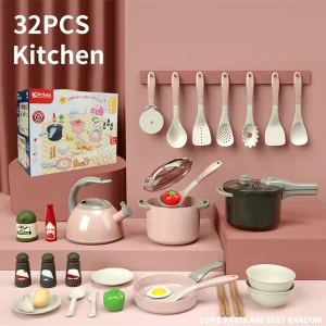 32pcs Pink Colorful Kitchen Playset With Simulated Cooking Utencils, Sound & Light Rice Cooker Toy For Children's Pretend Play, Indoor Parent-child Interaction Pink