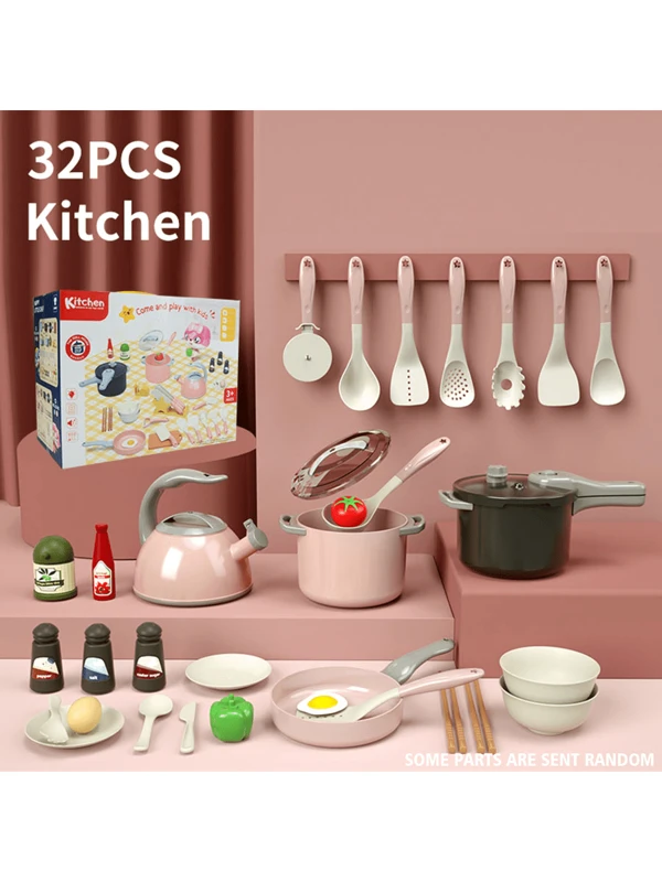 32pcs Pink Colorful Kitchen Playset With Simulated Cooking Utencils, Sound & Light Rice Cooker Toy For Children's Pretend Play, Indoor Parent-child Interaction Pink