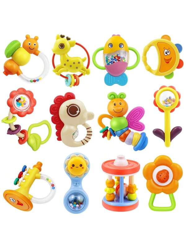 12pcs Baby Rattles Set Teething Toys For Babies 0-6 Months Yellow