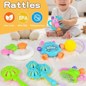 1set 7pcs Bee Shaped Cartoon Rattle Toys For Infant, Including Handbell, Bell, Teether, Grip Toys For Crib Hanging, Catching & Grasping Training, Baby's First Toy, Random Multicolor