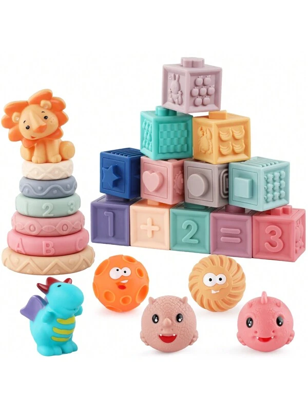 Montessori Toys For Babies 6-12 Months, 3 In 1 Soft Baby Toys Set, Sensory Toys For Toddlers, Stacking Building Blocks Soft Infants Teething Toys, 24 PCS Multicolor