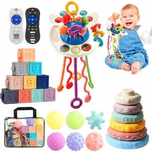 Baby Toys For 6 To 36 Months, 5 In 1 Montessori Toys For Babies, Sensory Toys For Toddlers 1-3,Pull String Toys, Stacking Blocks, Sensory Shapes Simulation Remote Control SET A