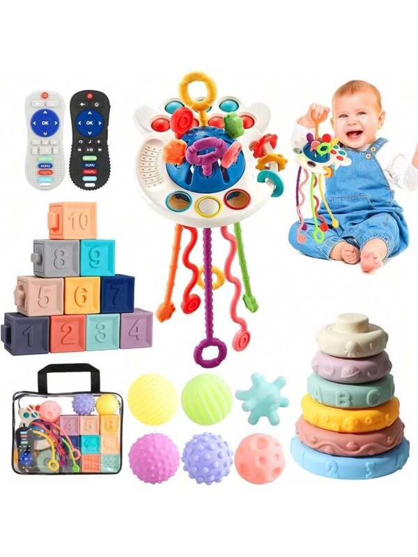 Baby Toys For 6 To 36 Months, 5 In 1 Montessori Toys For Babies, Sensory Toys For Toddlers 1-3,Pull String Toys, Stacking Blocks, Sensory Shapes Simulation Remote Control SET A