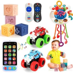 Baby Toys For 6 To 12 Months, Montessori Toys For Babies, Sensory Toys For Toddlers 1-3, Monster Trucks, Pull String Toys, Stacking Blocks, Sensory Shapes & Teething Simulation Remote Control SET B