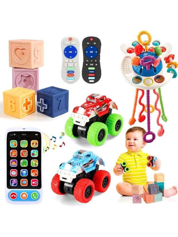 Baby Toys For 6 To 12 Months, Montessori Toys For Babies, Sensory Toys For Toddlers 1-3, Monster Trucks, Pull String Toys, Stacking Blocks, Sensory Shapes & Teething Simulation Remote Control SET B