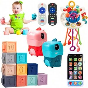 5 In 1 Montessori Baby Toys Set For Ages 6-36 Months - Pull String Teether, Stacking Blocks, Sensory Shapes Simulation Remote Control,Baby Gifts(Dinosaur Toy Car) SET C