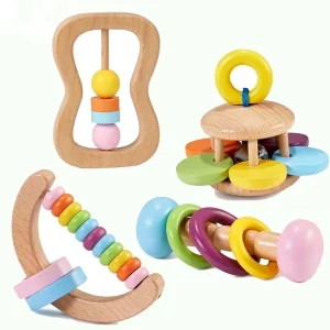 Christmas Decoration 4 Pieces Montessori Baby Toys Wooden Baby Toys Fit Baby Wooden Rattles Baby Teething Toys Silicone Rudder With Beech Wood Rings Multicolor