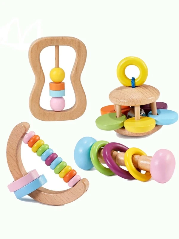 Christmas Decoration 4 Pieces Montessori Baby Toys Wooden Baby Toys Fit Baby Wooden Rattles Baby Teething Toys Silicone Rudder With Beech Wood Rings Multicolor