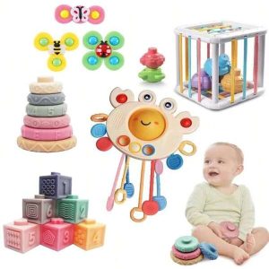 Montessori Baby Toys - 5 In 1 Infant Toy Gift Set With Pull Strings Teethers, Stacking Blocks, Sensory Shapes, Storage Box And Bath Toy, Suitable For 6-18 Months Boys & Girls Multicolor