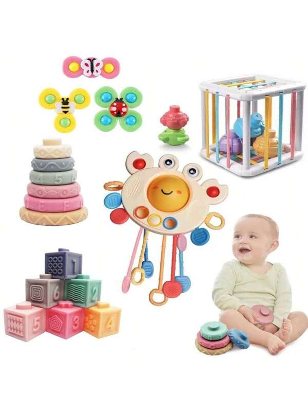 Montessori Baby Toys - 5 In 1 Infant Toy Gift Set With Pull Strings Teethers, Stacking Blocks, Sensory Shapes, Storage Box And Bath Toy, Suitable For 6-18 Months Boys & Girls Multicolor