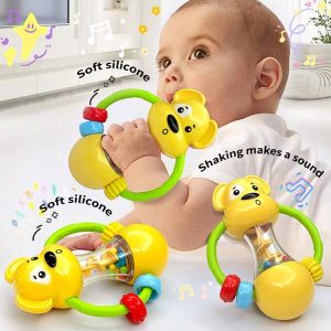 Hand Grip Ball Rattle Cartoon Puppy Baby Toys Can Chew Rattle Baby Early Education Puzzle Grasp Training Toys Yellow