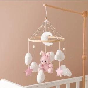 Minimalist Wooden Teddy Bear & Rabbit Plush Rotating Crib Mobile, Newborn Baby Sleep Aid, Nursery Room Decor Brown