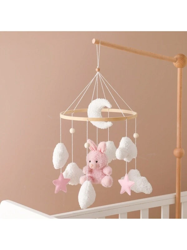 Minimalist Wooden Teddy Bear & Rabbit Plush Rotating Crib Mobile, Newborn Baby Sleep Aid, Nursery Room Decor Brown